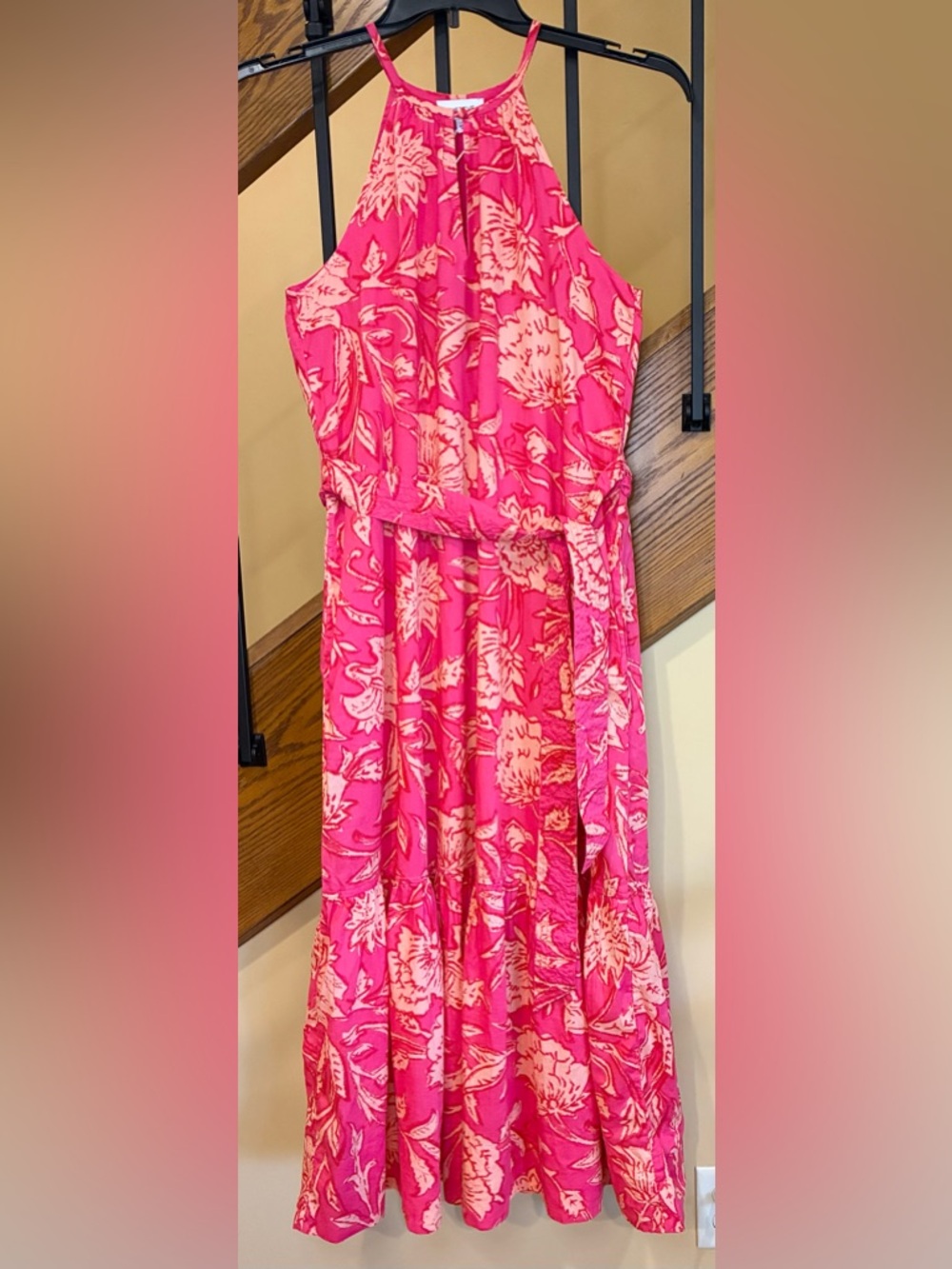 Evereve Layla Maxi Dress Tie At Waist Pockets  Vibrant Pink Floral SZ. Sm NWT
